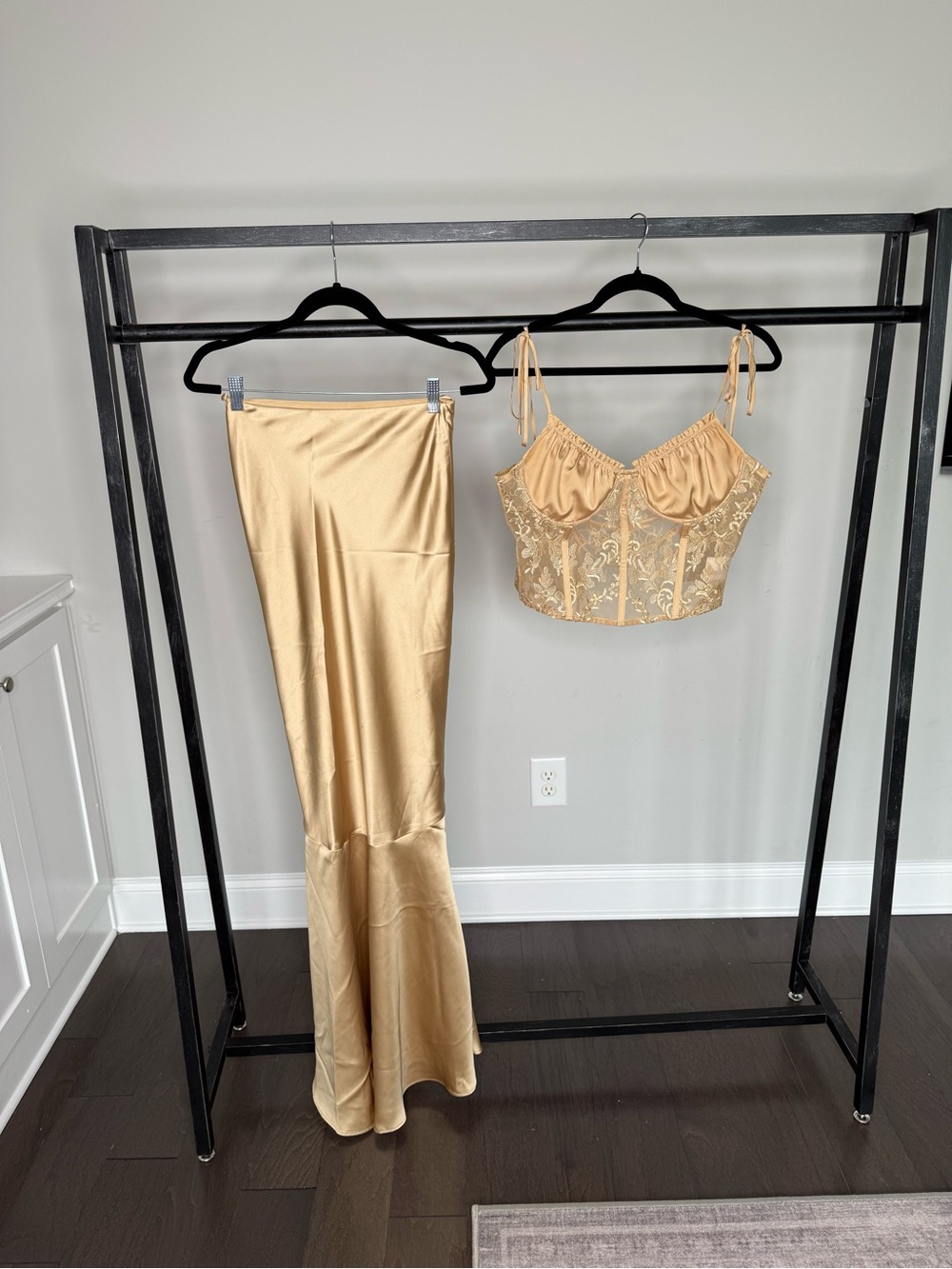 V. Chapman Gold Satin Lace Bustier Crop Top and Matching Skirt